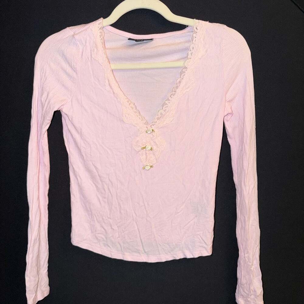 Self Esteem Long Sleeve Top Pink Lace Trim #0737